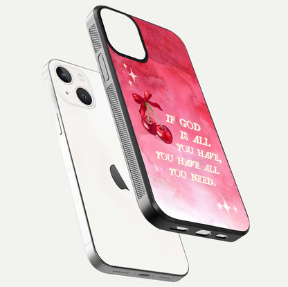 Cherry Quote Glass Case for iPhone 13 Mini floating mockup capturing shine texture and clear typography