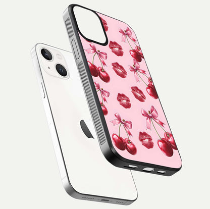 Cherry With Lips Glass Case for iPhone 13 Mini floating mockup showing HD gloss and pop-art inspired tones
