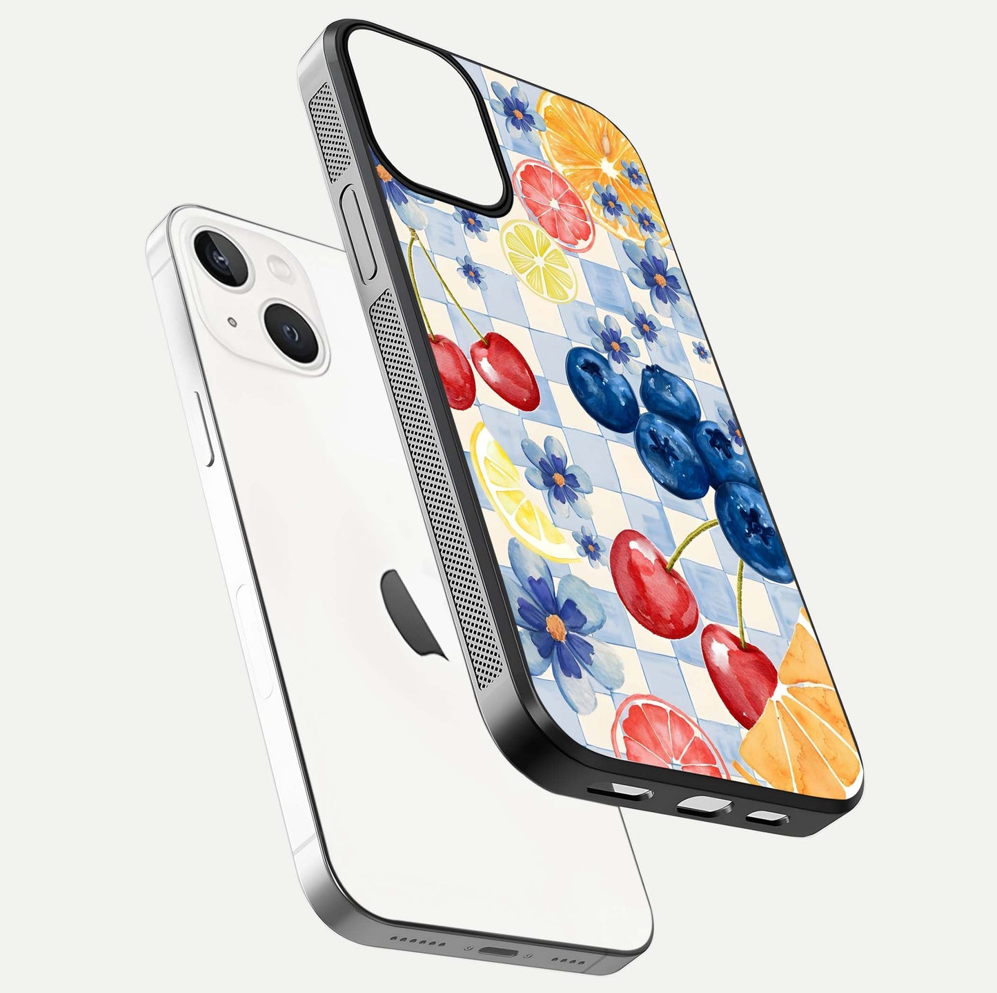 Citrus Bloom Joy Glass Case for iPhone 13 Mini floating mockup showing HD gloss and lively tone