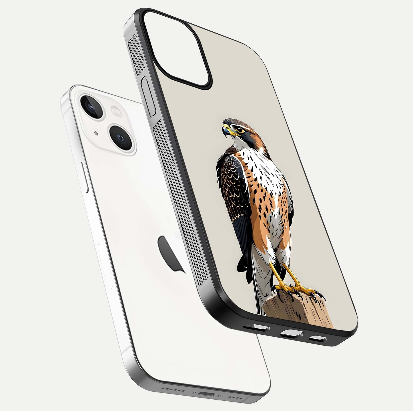 Clever Eagle Glass Case for iPhone 13 Mini floating mockup displaying sharp gloss and art contrast