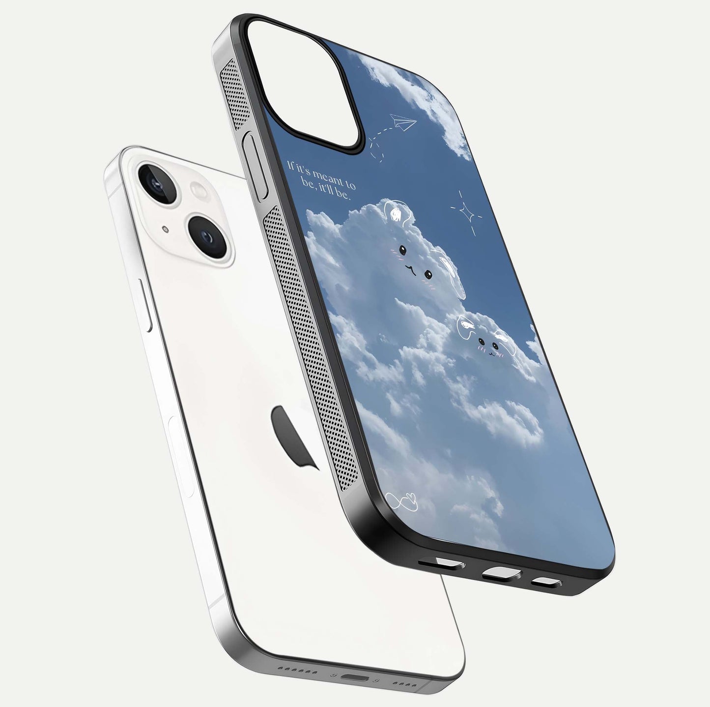 Cloud Bunny Dreams Glass Case for iPhone 13 Mini floating mockup showing soft gradient and gloss reflection