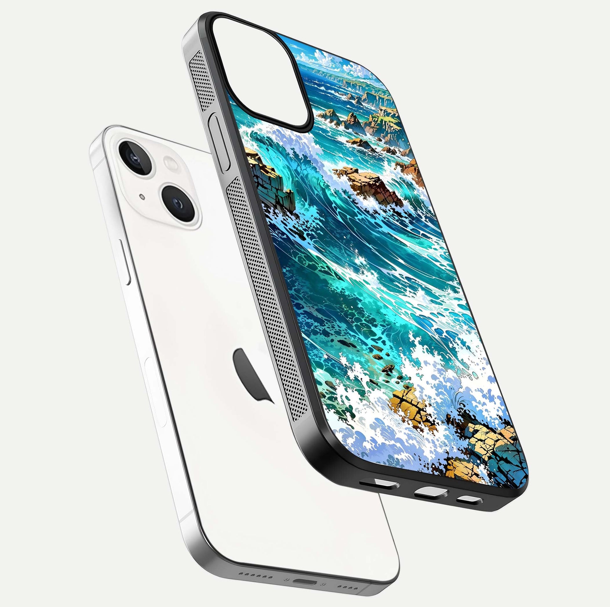Coastal Blue Waves Glass Case for iPhone 13 Mini floating mockup showing HD reflection and wave details