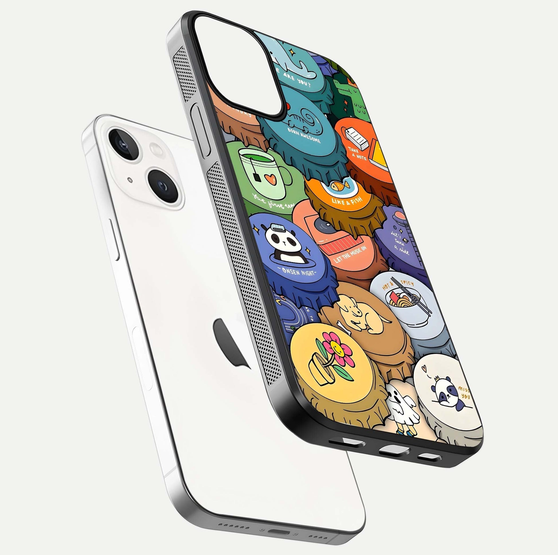 Coins Patterns Glass Case for iPhone 13 Mini floating mockup showing reflection depth and smooth tone