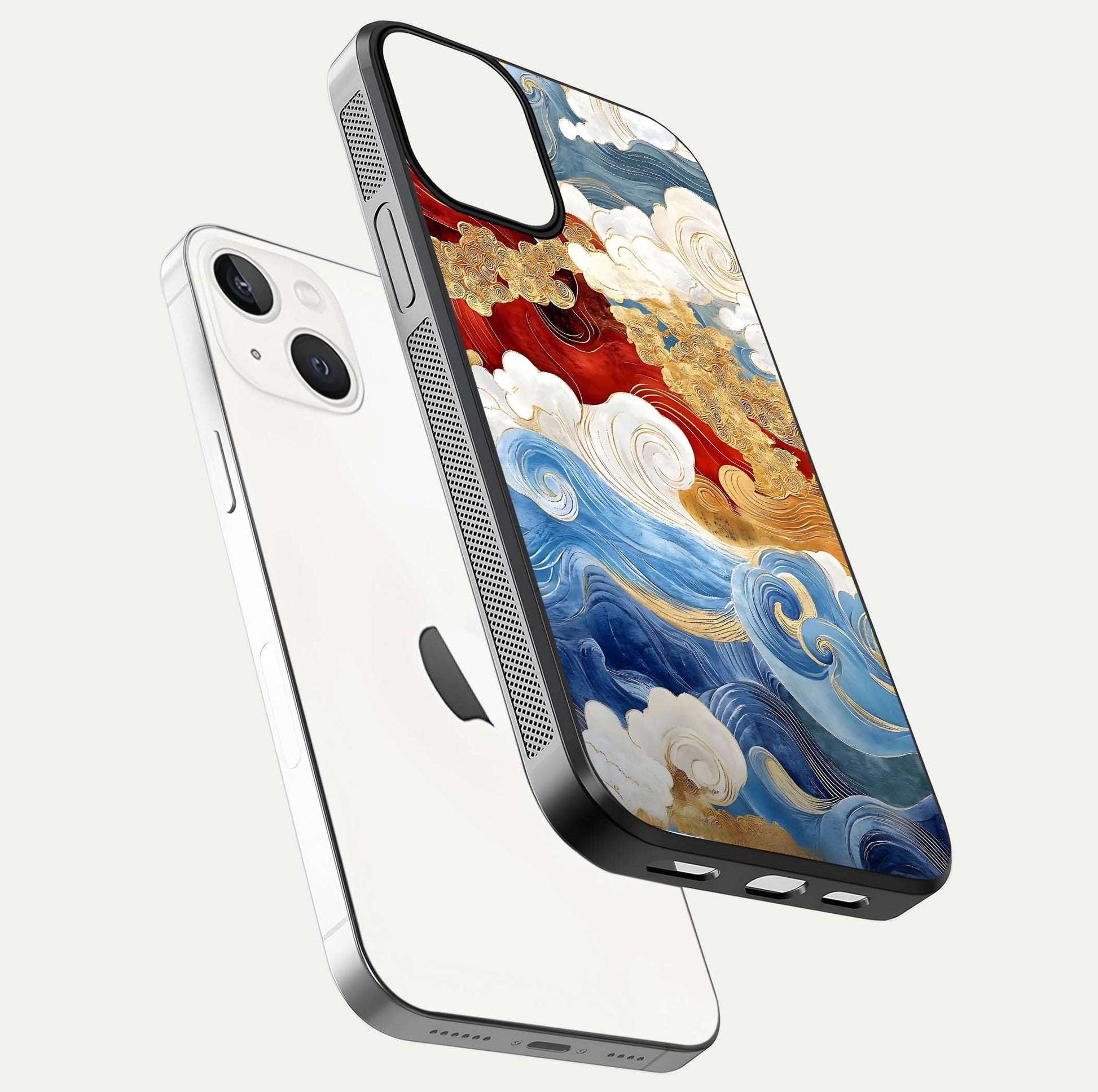 Colored Waves Glass Case for iPhone 13 Mini floating dual-view mockup displaying gloss finish and color contrast