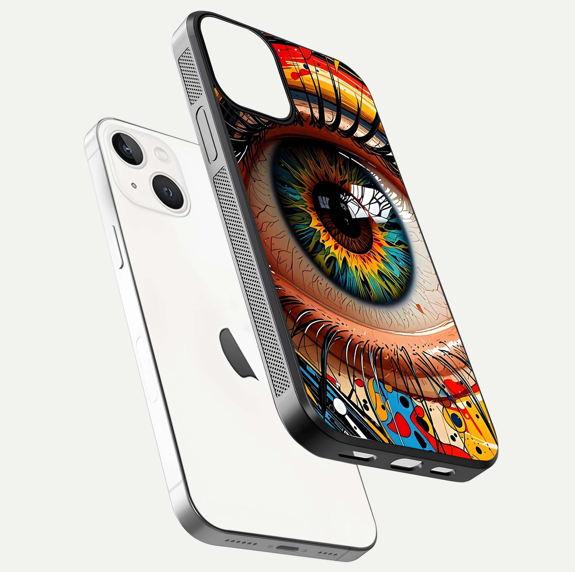 Colorful Eye Glass Case for iPhone 13 Mini floating mockup showing bright contrast and gloss clarity