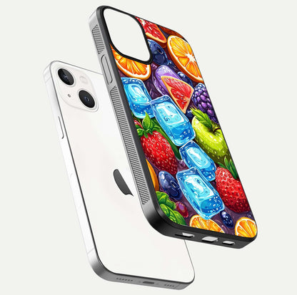 Colorful Fruits with Ice Glass Case for iPhone 13 Mini floating mockup showing bright shine and crystal clarity
