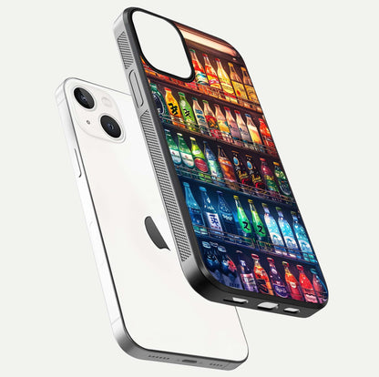 Colorful Soda Bottles Glass Case for iPhone 13 Mini floating mockup showing light reflection and bright gloss