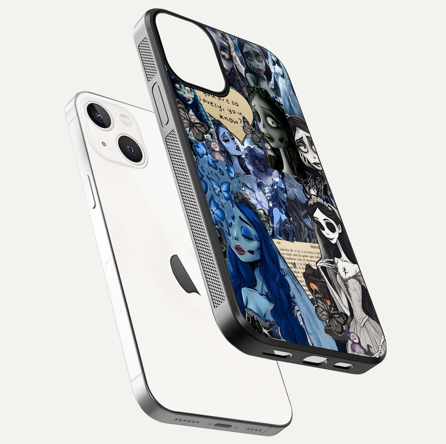Corpse Bride Posters Glass Case for iPhone 13 Mini floating mockup showing shine texture and clear design