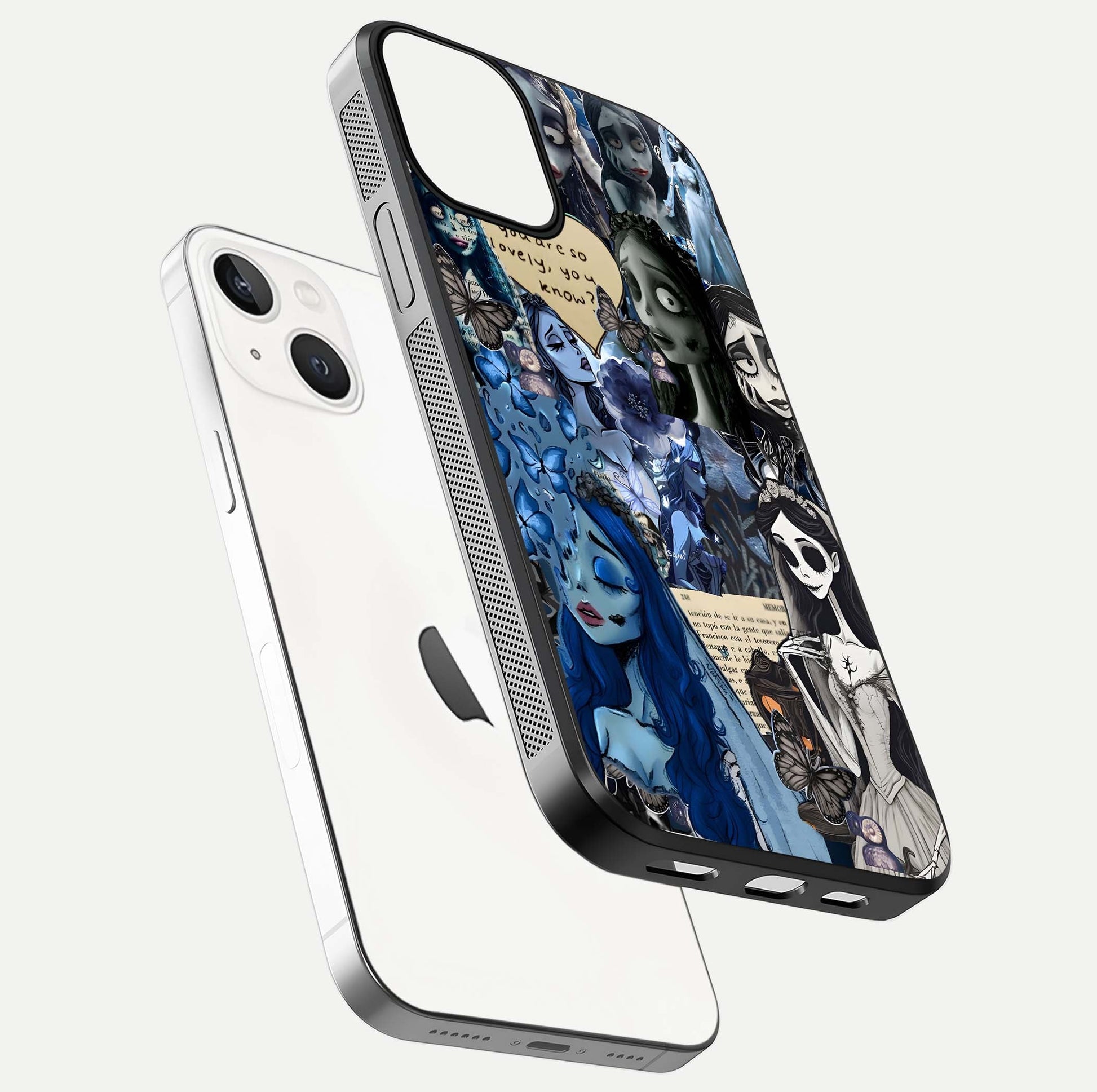 Corpse Bride Posters Glass Case for iPhone 13 Mini floating mockup showing shine texture and clear design