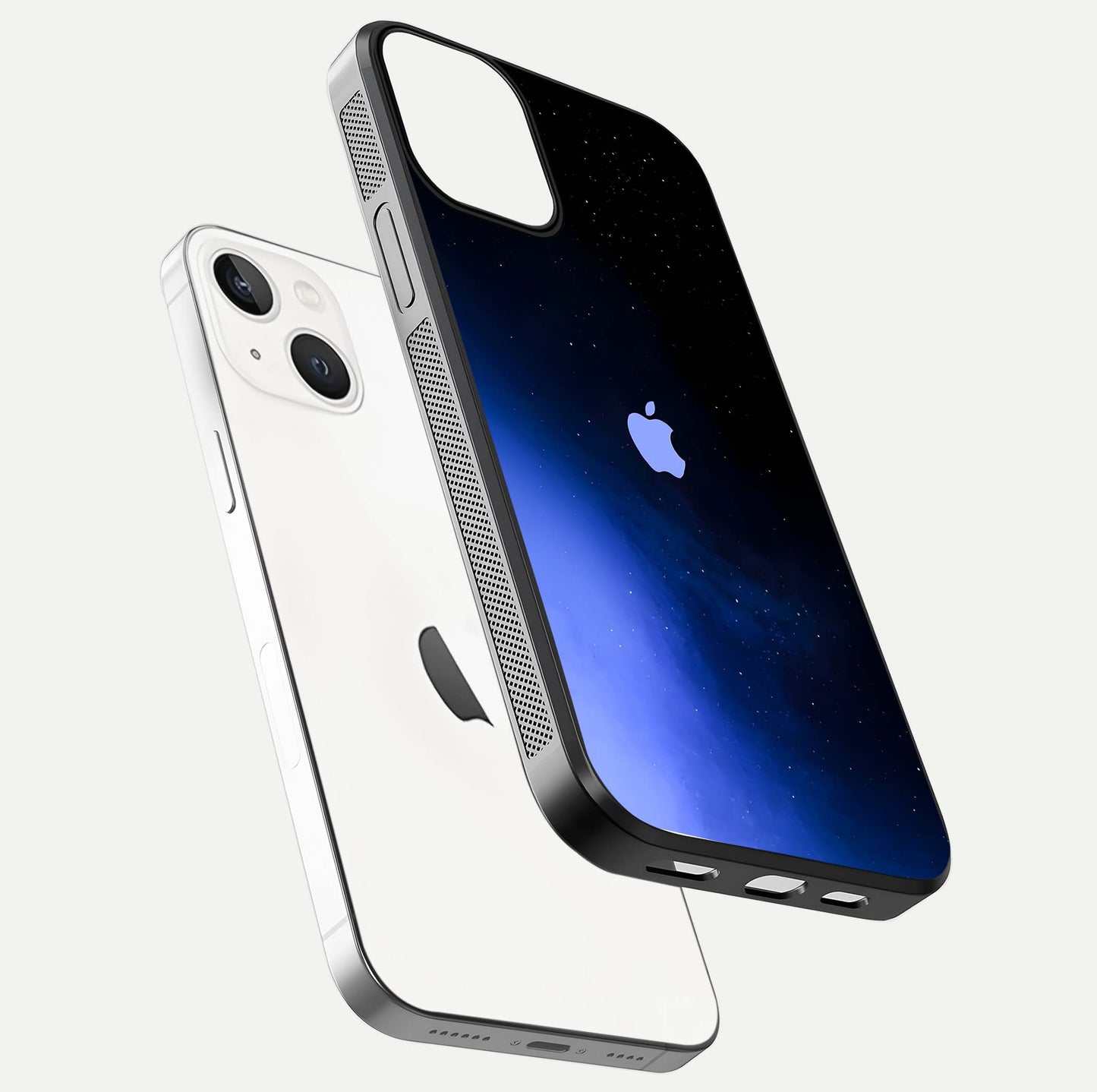 Cosmic Blue Apple Glass Case for iPhone 13 Mini floating mockup showing HD gloss and deep space gradient