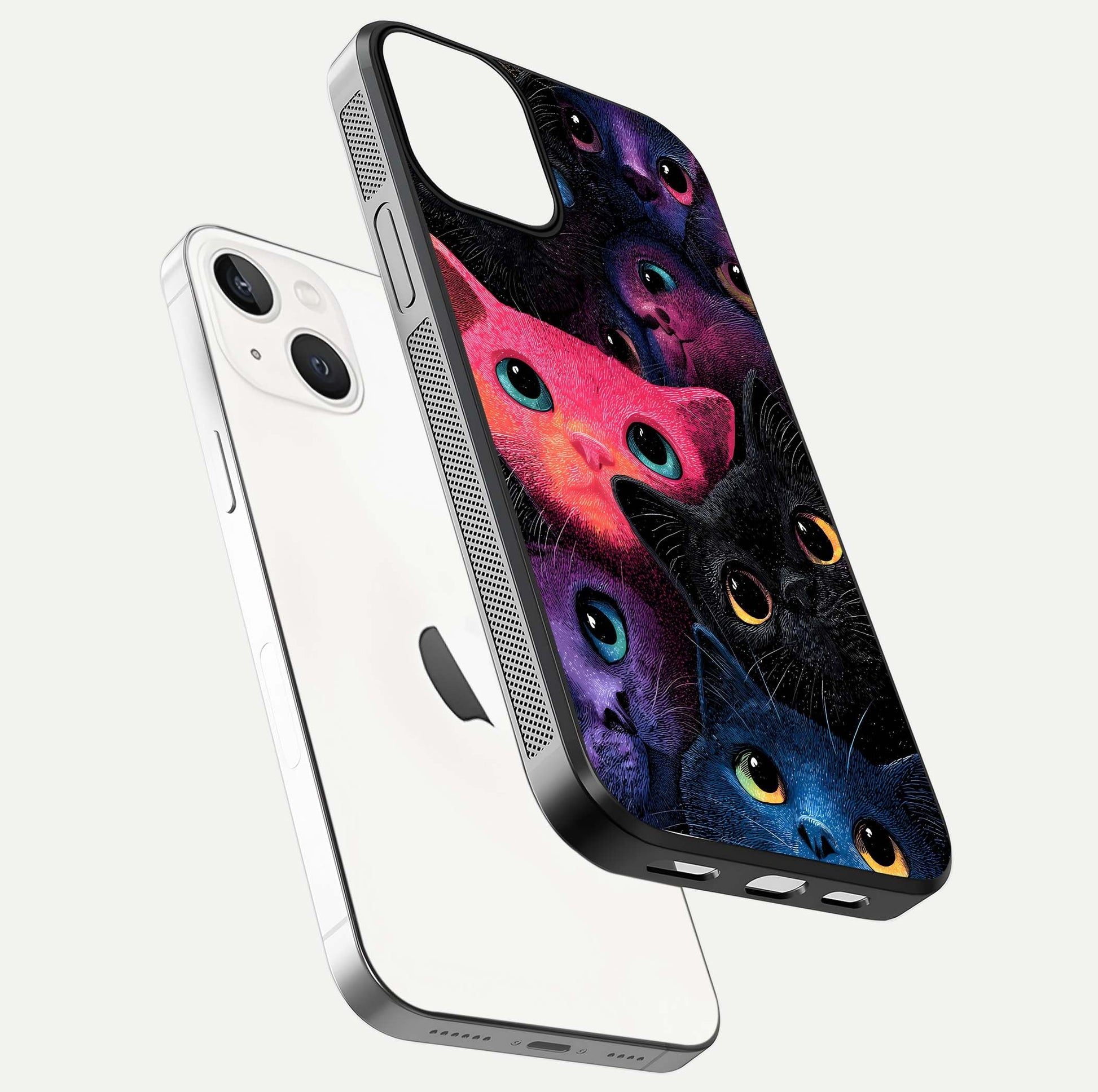 Cosmic Cats Dreams Glass Case for iPhone 13 Mini floating mockup showing star details and polish reflection