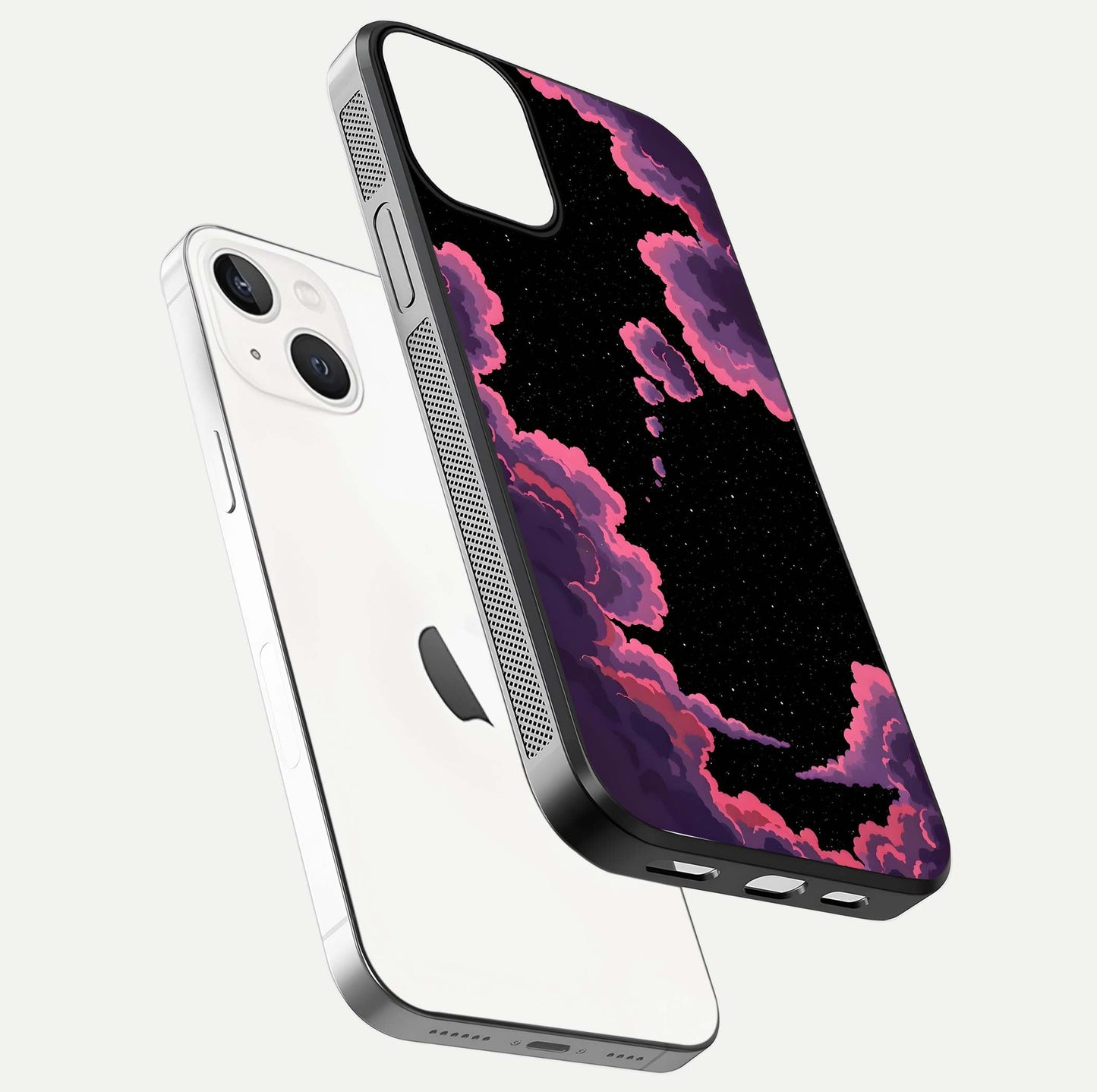Cosmic Cloud Journey Glass Case for iPhone 13 Mini floating mockup showing HD gloss and cosmic gradient