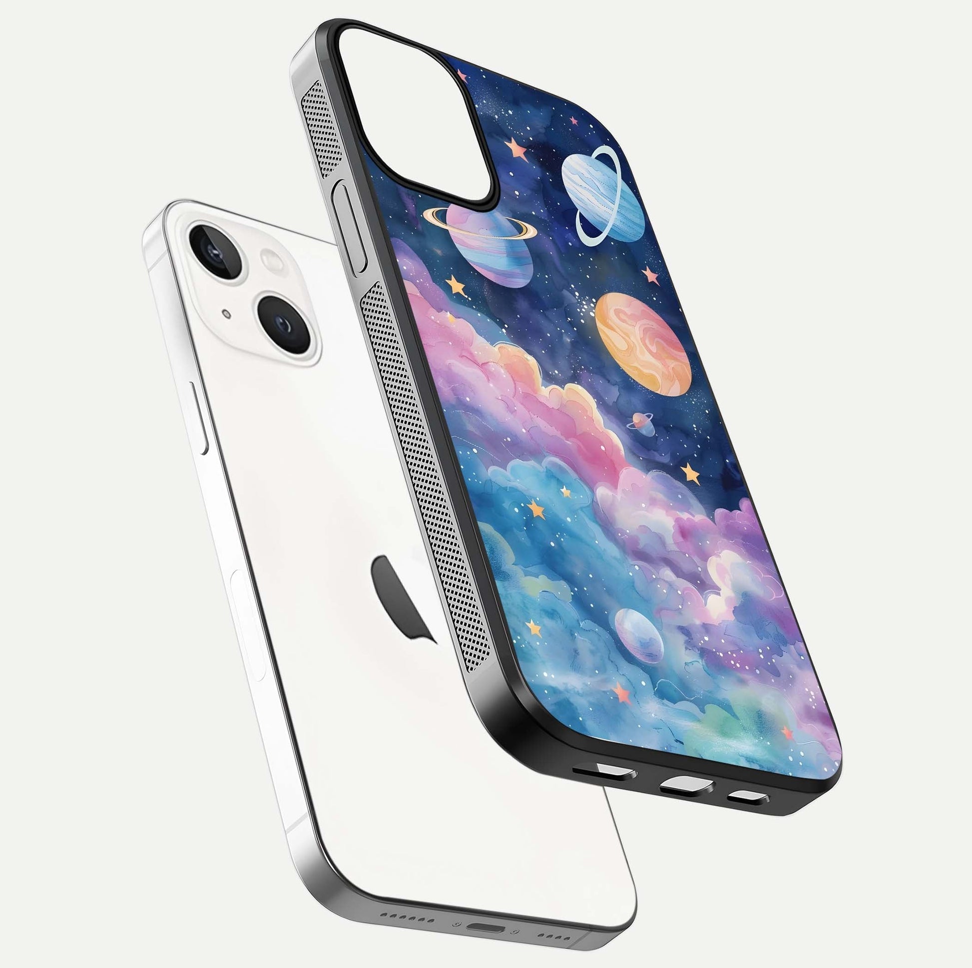Cosmic Planet Dreams Glass Case for iPhone 13 Mini floating mockup showing HD gloss and cosmic reflection