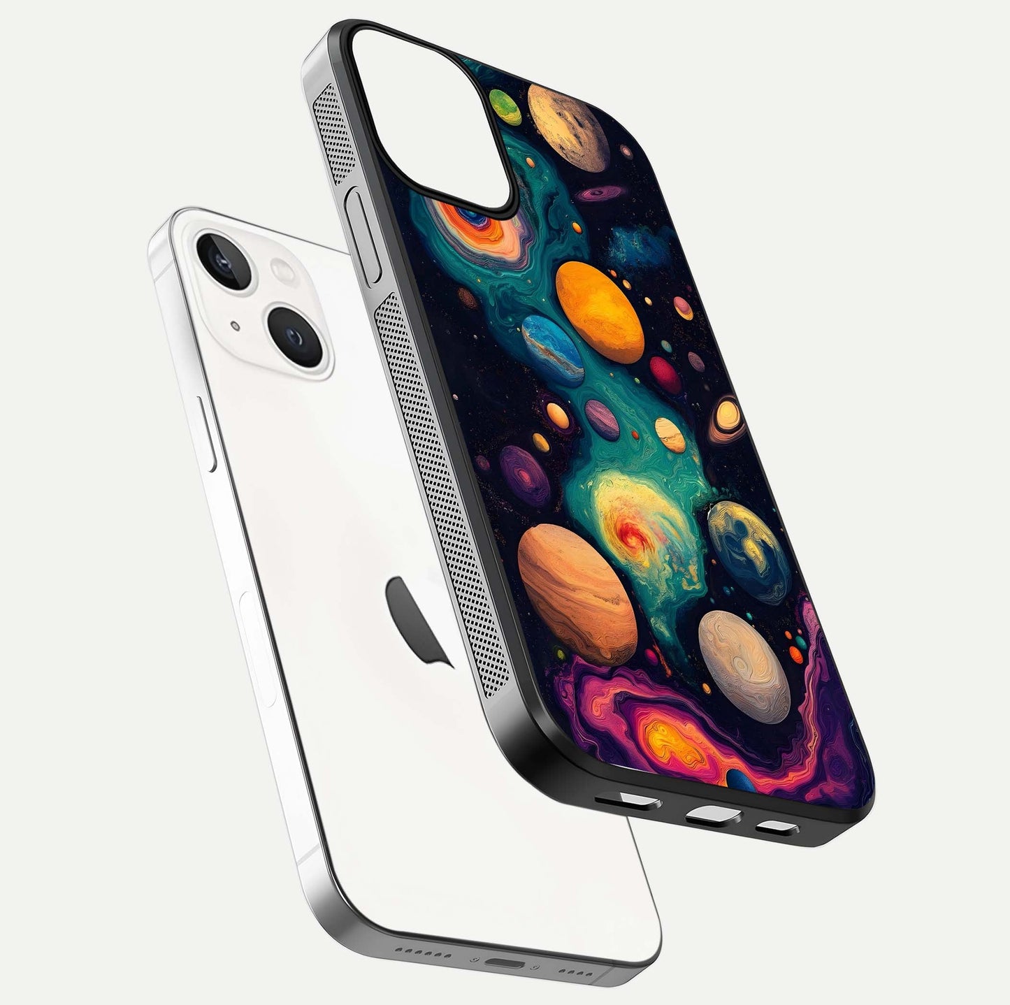 Cosmic Planet Journey Glass Case for iPhone 13 Mini floating mockup showing gloss gradient and deep shine