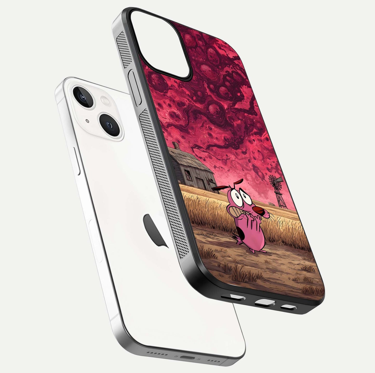 Courage Under Sky Glass Case for iPhone 13 Mini floating mockup showing shine reflection and clean edges
