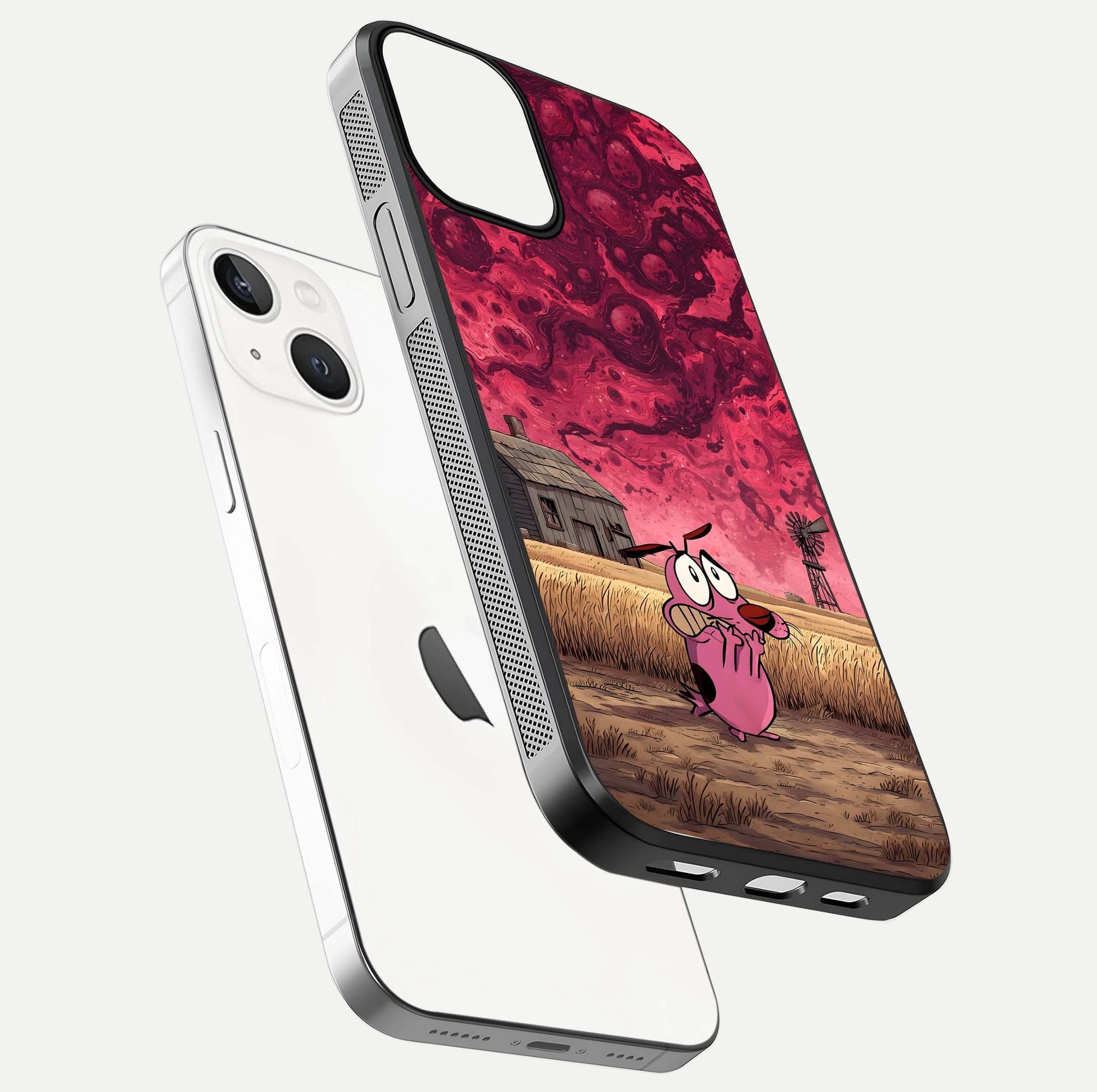 Courage Under Sky Glass Case for iPhone 13 Mini floating mockup showing shine reflection and clean edges