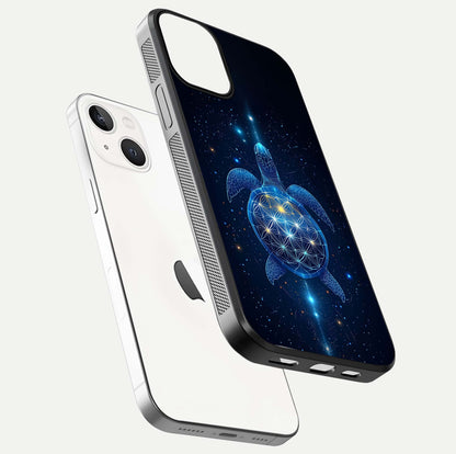 Crimson Blue Turtle Glass Case for iPhone 13 Mini floating mockup showing reflection polish and deep hues