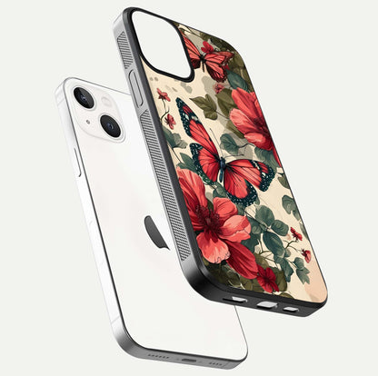 Crimson Butterfly Garden Glass Case for iPhone 13 Mini floating mockup showing HD gloss and vivid art
