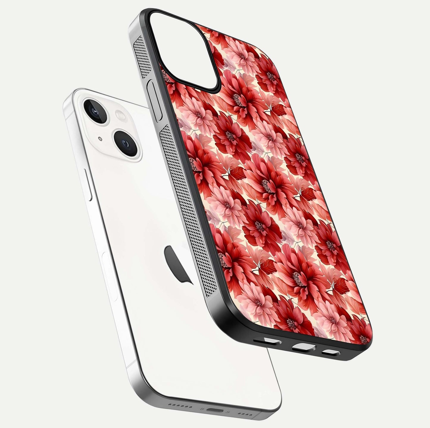 Crimson Love Petals Glass Case for iPhone 13 Mini floating mockup showing HD gloss and vivid detail