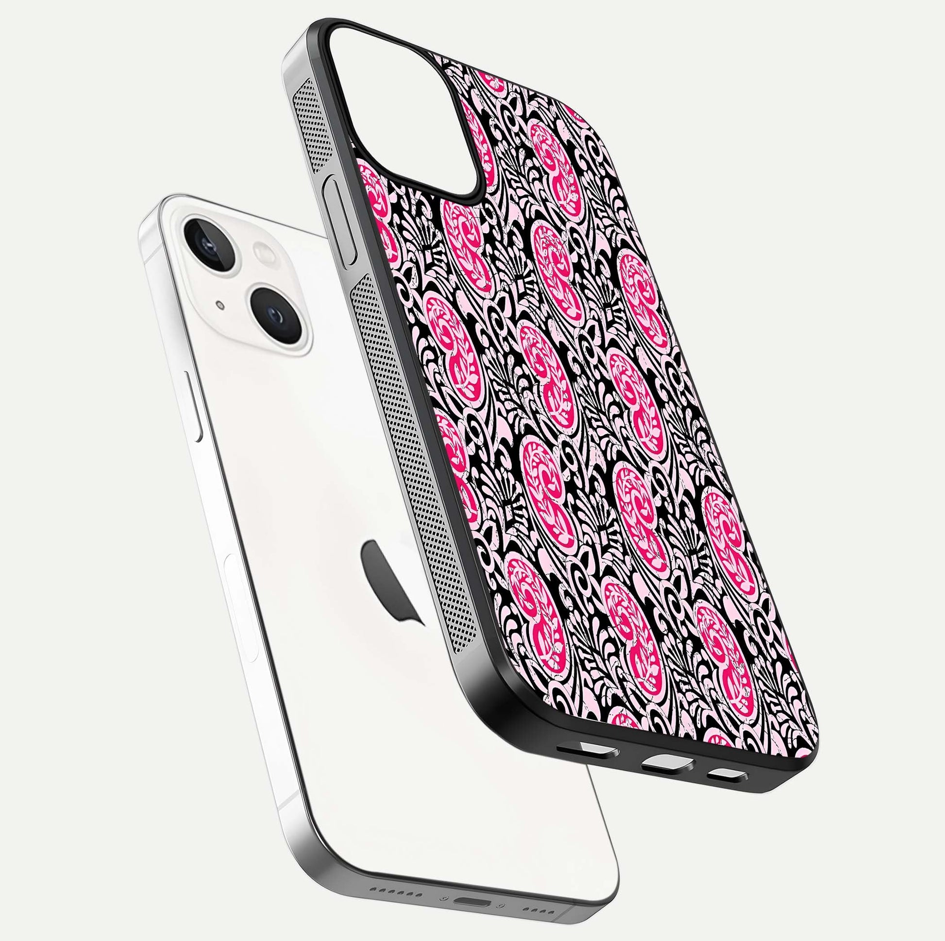 Crimson Paisley Charm Glass Case for iPhone 13 Mini floating mockup showing gloss shine and texture clarity
