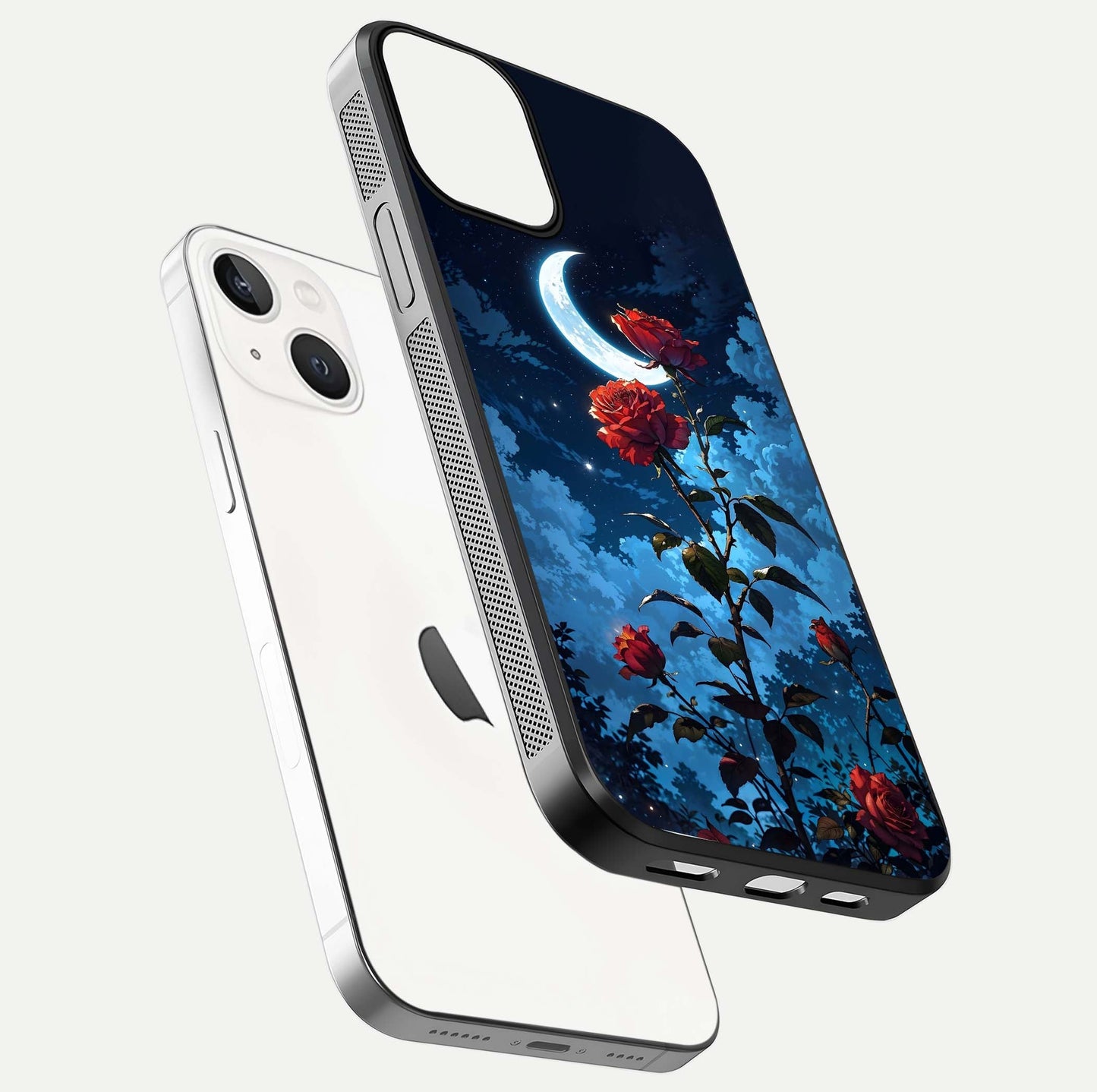 Crimson Rose Moon Glass Case for iPhone 13 Mini floating mockup showing HD shine and elegant contrast