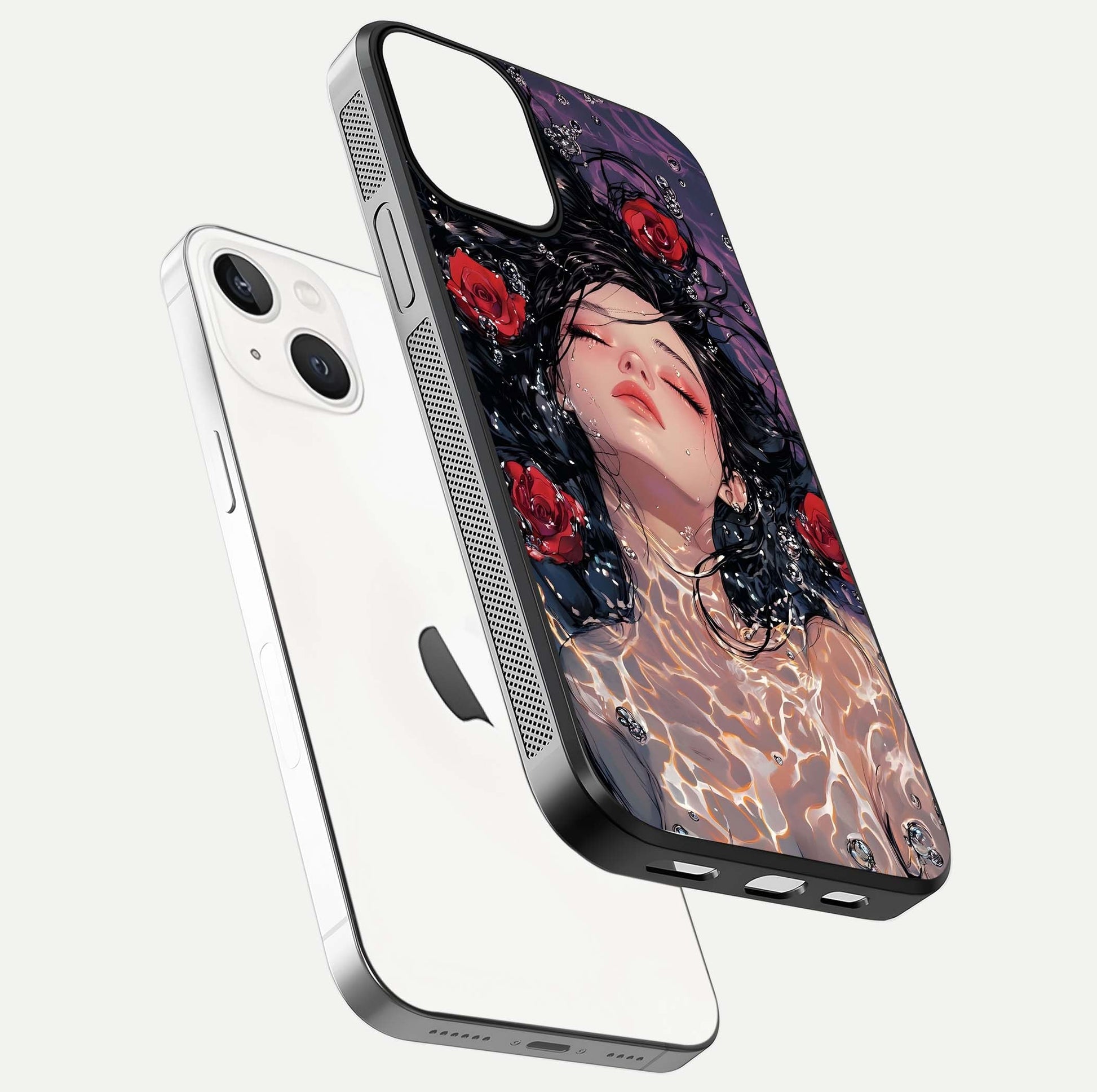Crimson Rose Serenity Glass Case for iPhone 13 Mini floating mockup showing HD gloss and floral texture