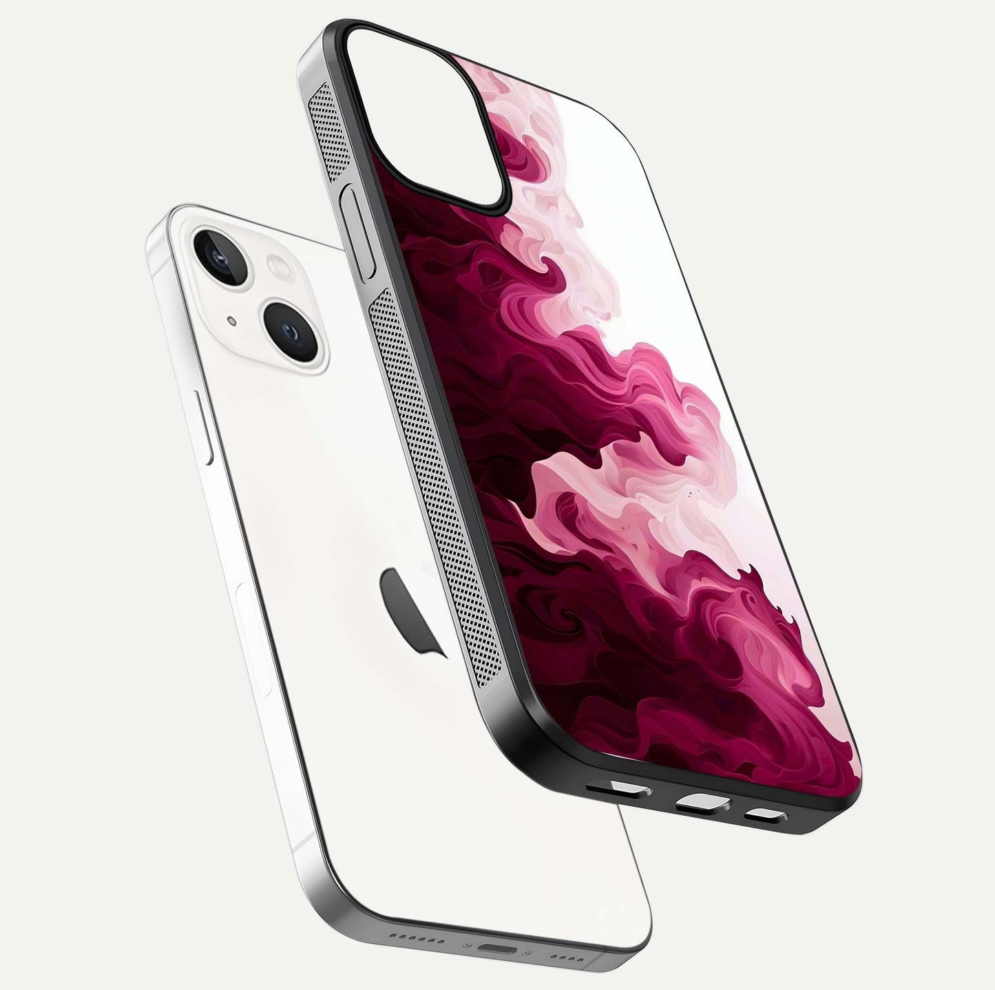 Crimson Wave Flow Glass Case for iPhone 13 Mini floating mockup showing gloss shine and smooth edge