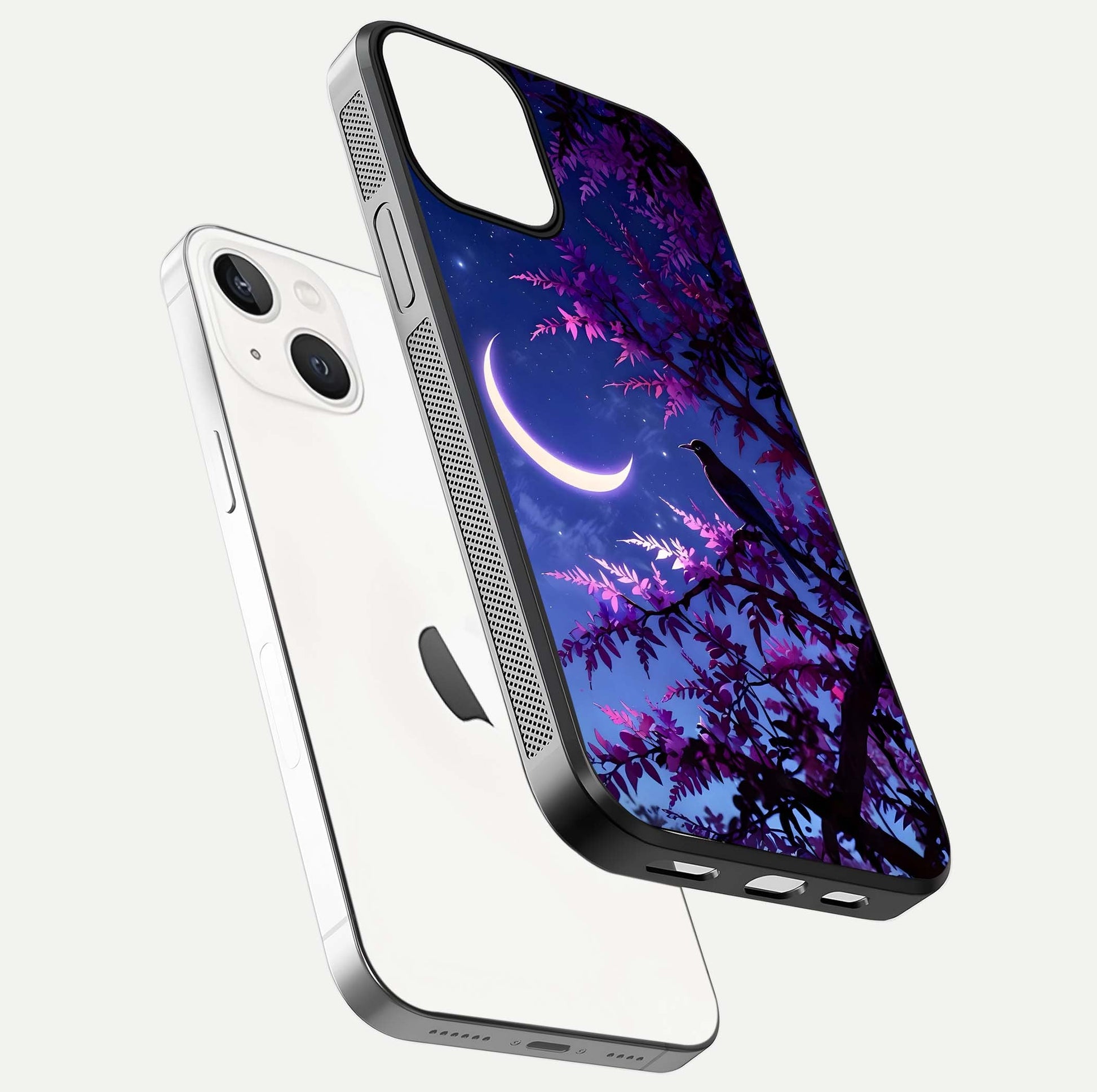 Crow & Moon Scenery Glass Case for iPhone 13 Mini floating mockup showing HD gloss texture and soft moonlight glow
