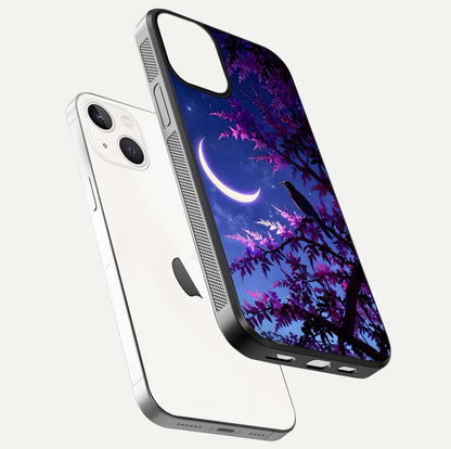 Crow & Moon Scenery Glass Case for iPhone 13 Mini floating mockup showing HD gloss texture and soft moonlight glow