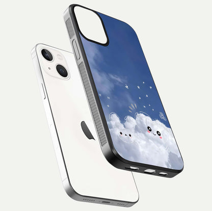 Cute Blossom Cloud Glass Case for iPhone 13 Mini floating mockup showing HD shine and soft gradient finish