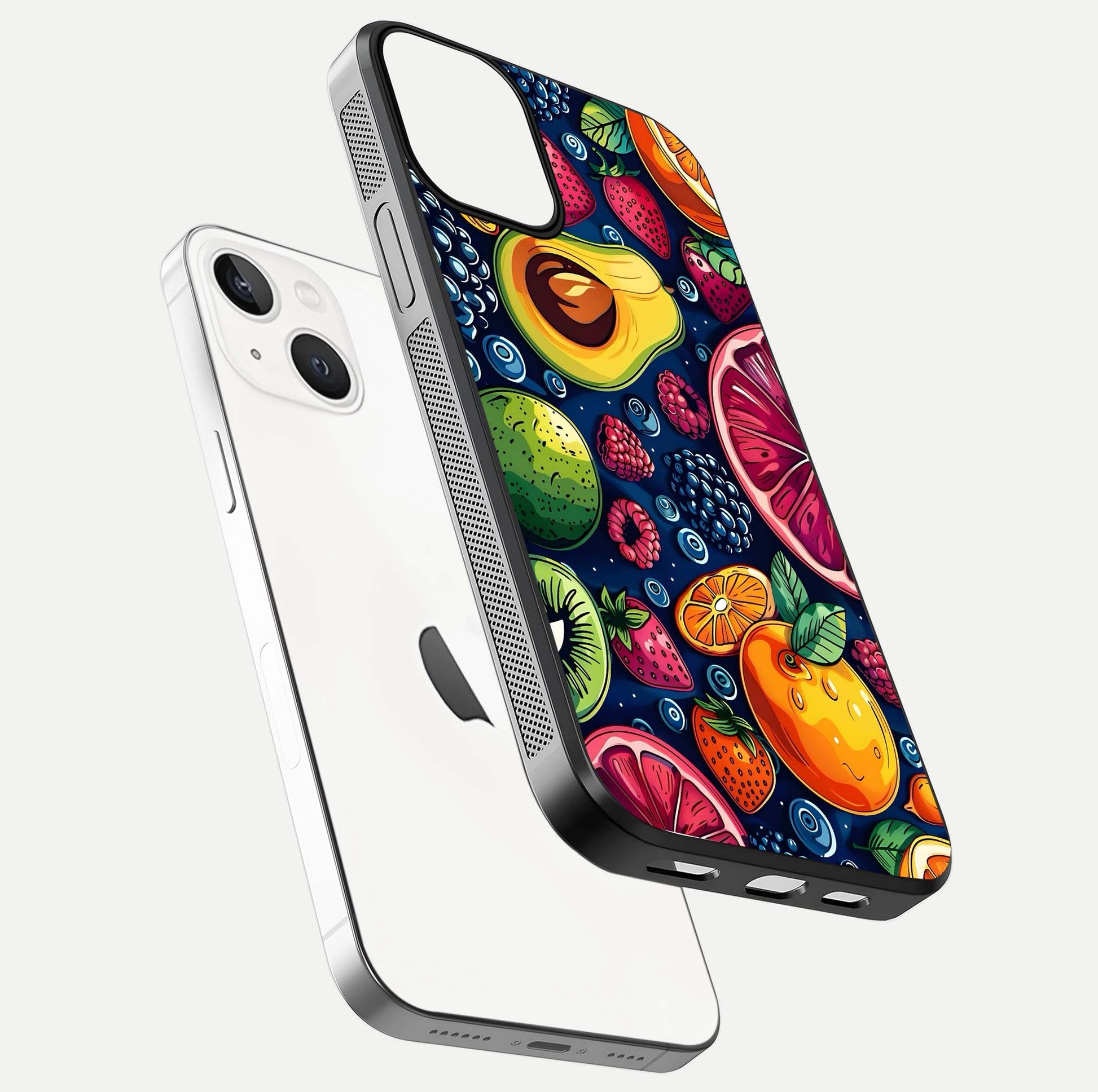 Cute Fruits Art Glass Case for iPhone 13 Mini floating mockup showing gloss brightness and vivid artwork