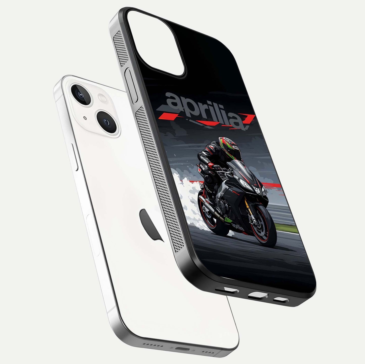 Dark Aprilla Glass Case for iPhone 13 Mini floating mockup showing glossy contrast and texture clarity