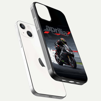 Dark Aprilla Glass Case for iPhone 13 Mini floating mockup showing glossy contrast and texture clarity