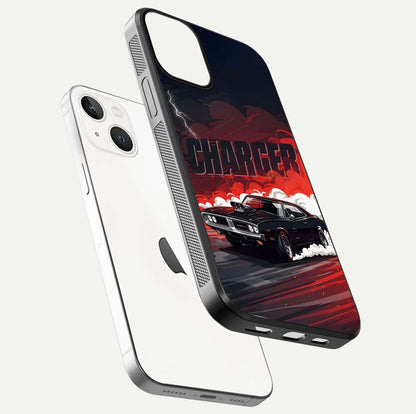 Dark Charger Fury Glass Case for iPhone 13 Mini floating mockup showing reflection depth and shiny surface