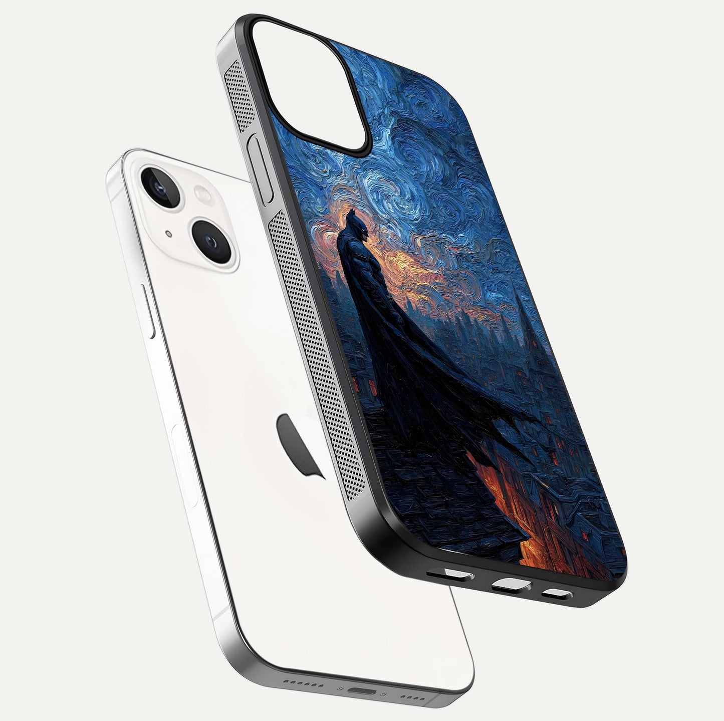 Dark Knight Dusk Glass Case for iPhone 13 Mini floating mockup showing glossy depth and cinematic lighting