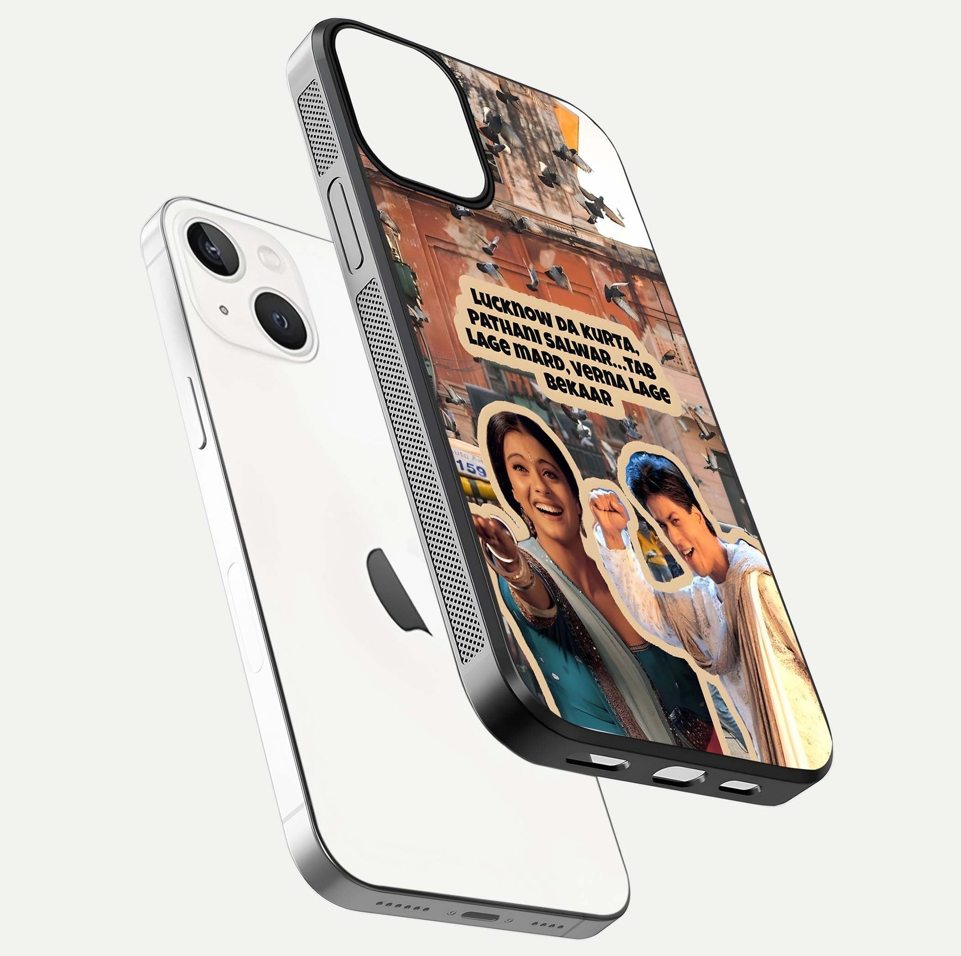 Desi Retro Vibes Glass Case for iPhone 13 Mini floating mockup showing shine polish and vivid tones