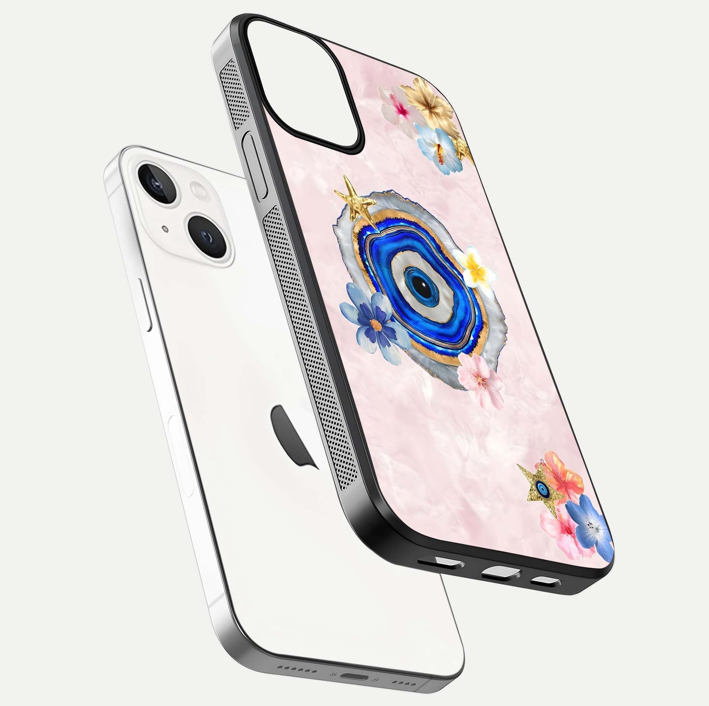 Divine Aura Bloom Glass Case for iPhone 13 Mini floating mockup showing gloss texture and elegant design