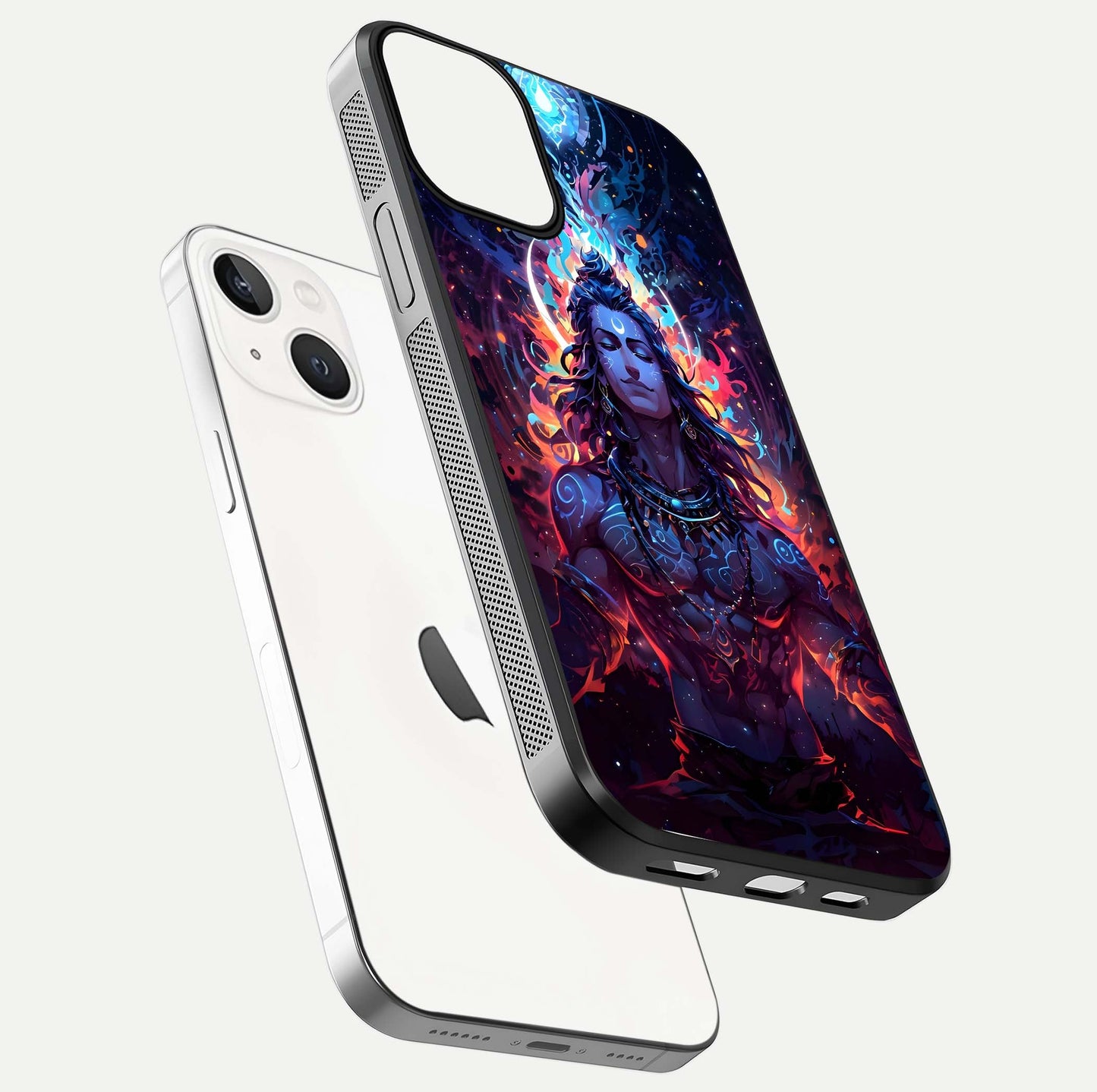 Divine Fire Shiv Glass Case for iPhone 13 Mini floating mockup showing glow texture and gloss finish