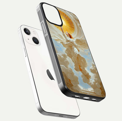 Divine Light Angel Glass Case for iPhone 13 Mini floating mockup showing gloss texture and radiant light