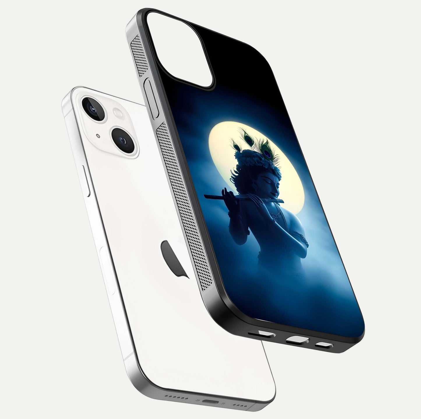 Divine Moon Flute Glass Case for iPhone 13 Mini floating mockup showing HD gloss and luminous texture