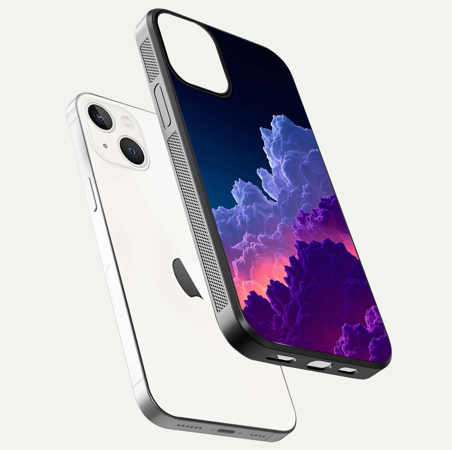Dreamy Cloud Skies Glass Case for iPhone 13 Mini floating mockup showing glossy depth and delicate tone