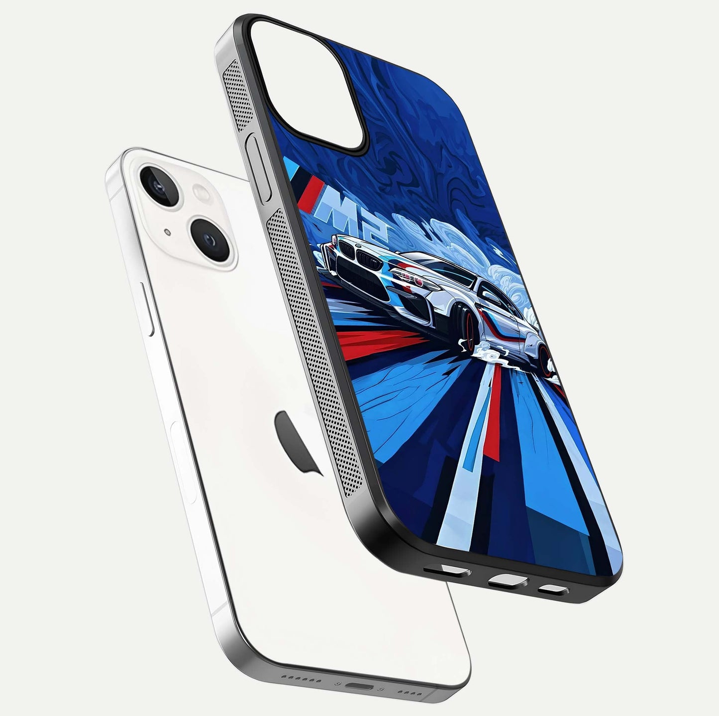 Drift Power Rush Glass Case for iPhone 13 Mini floating mockup showing gloss polish and speed-theme design