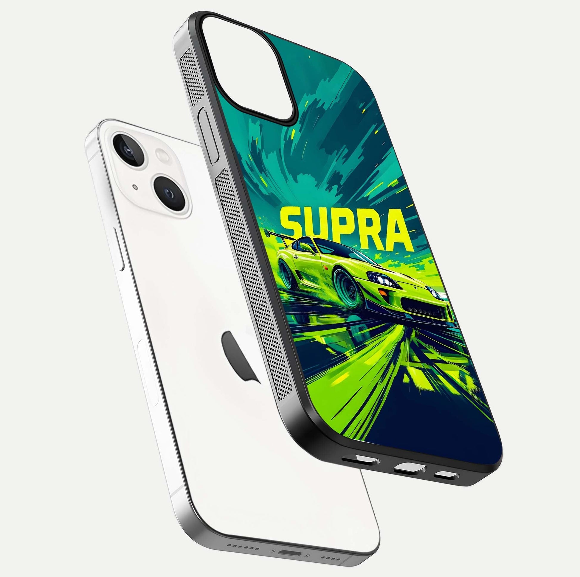 Electric Supra Thunder Glass Case for iPhone 13 Mini floating mockup showing gloss depth and energy glow