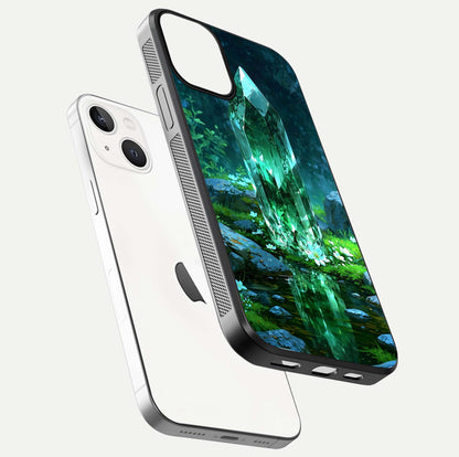 Emerald Light Crystal Glass Case for iPhone 13 Mini floating mockup showing glossy finish and radiant light pattern