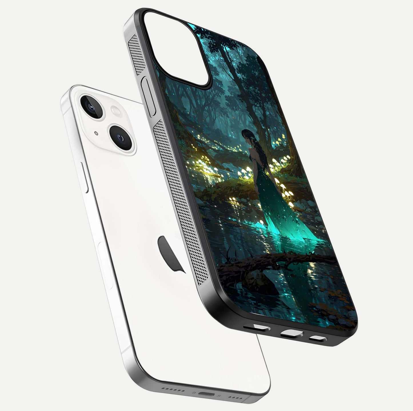 Enchanted Forest Glow Glass Case for iPhone 13 Mini floating mockup showing gloss polish and fantasy vibe