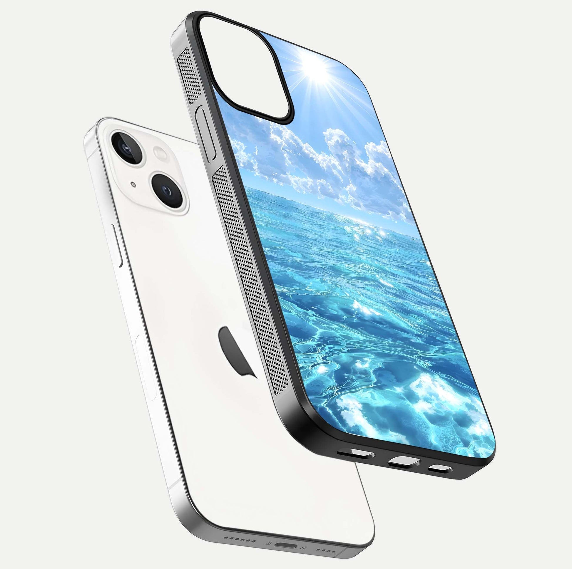 Endless Ocean Horizon Glass Case for iPhone 13 Mini floating mockup showing HD gloss and tranquil color