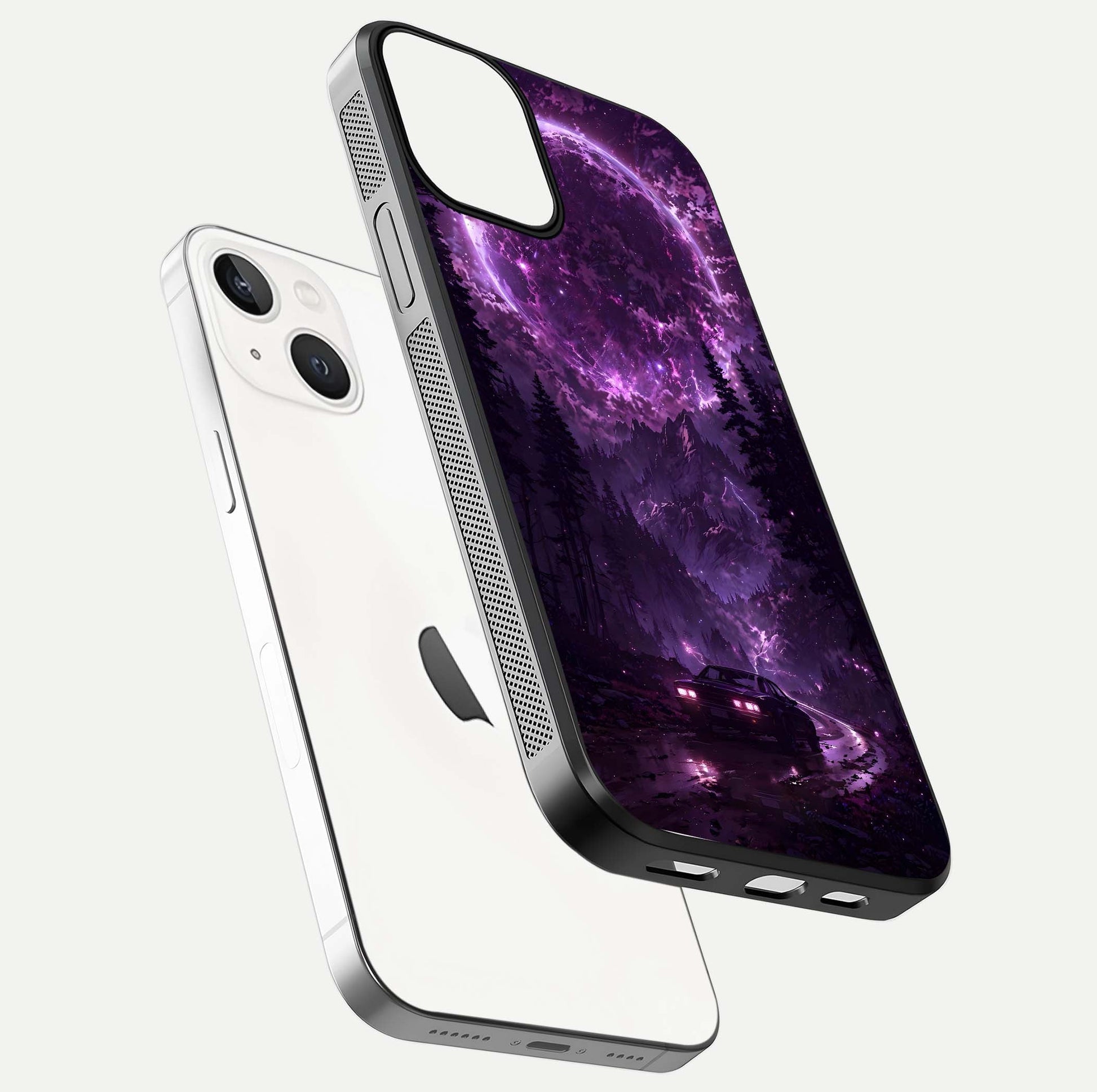 Eternal Cosmic Drive Glass Case for iPhone 13 Mini floating mockup showing glossy polish and vivid glow