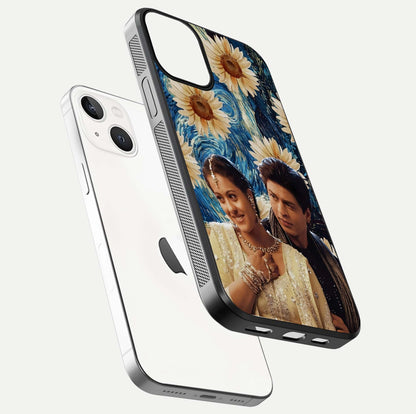 Eternal Love Story Glass Case for iPhone 13 Mini floating mockup showing glossy shine and romantic tone