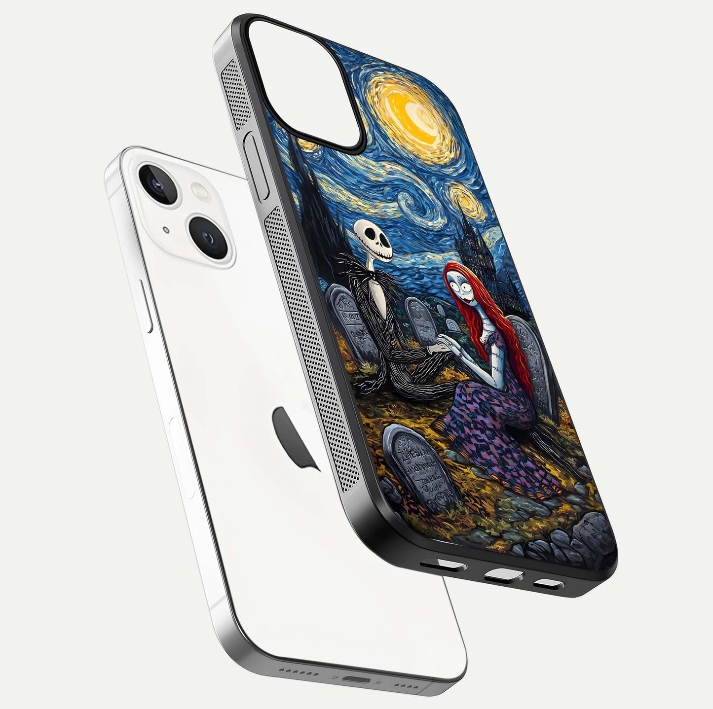 Eternal Night Love Glass Case for iPhone 13 Mini floating mockup showing gloss brightness and romantic vibe