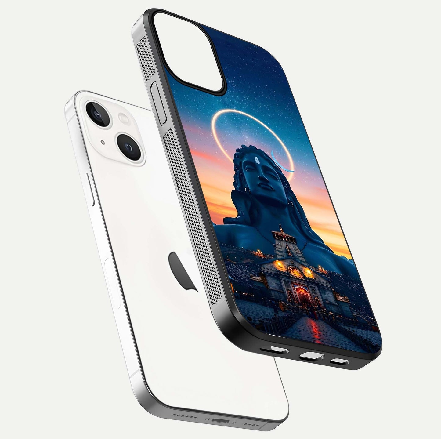 Eternal Shiva Aura Glass Case for iPhone 13 Mini floating mockup showing gloss texture and spiritual glow